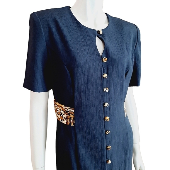 Vintage 90s Small Column Dress Button Front Animal Print Keyhole Neck - Picture 3 of 7